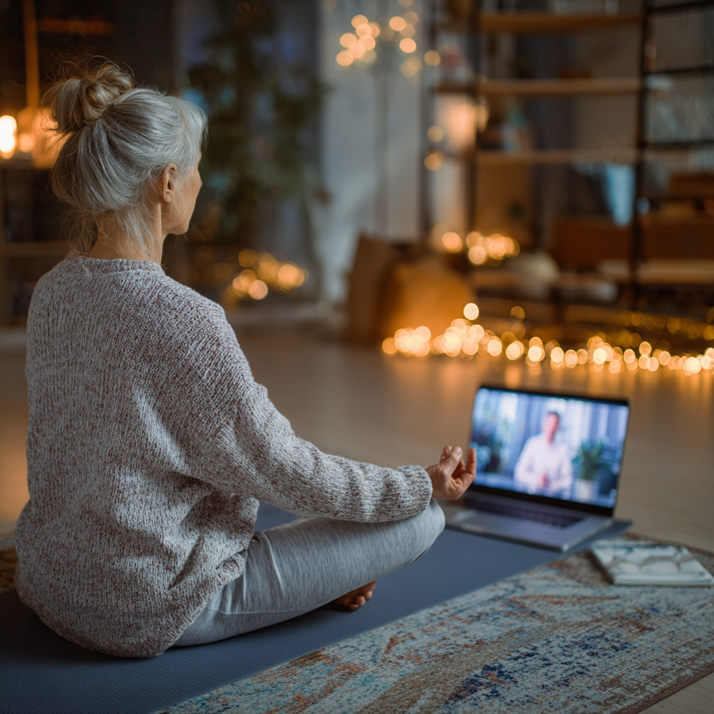 Жінка 52 років практикує йогу вдома перед ноутбуком, на екрані якого видно онлайн інструктора, затишна домашня атмосфера