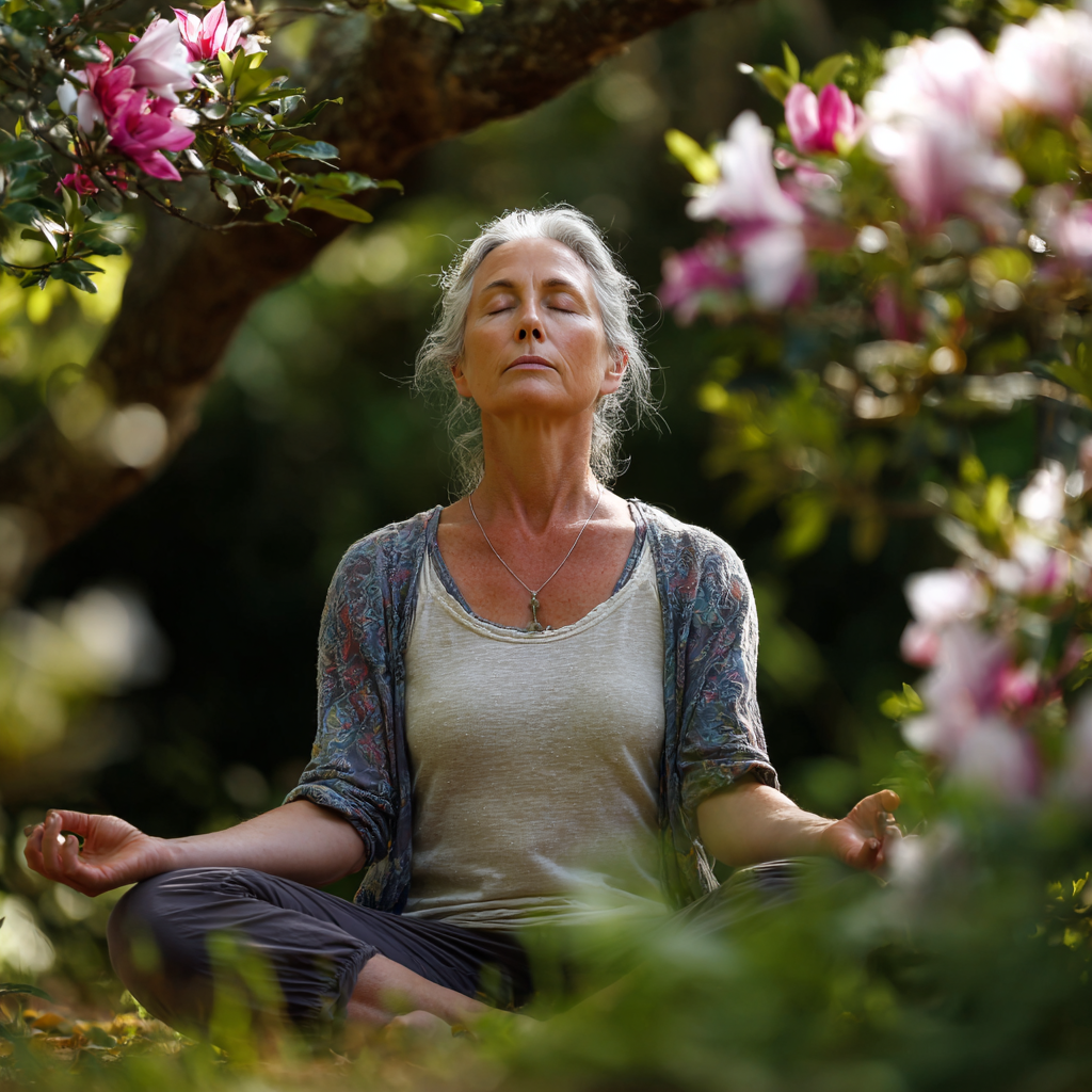 Жінка 55 років в позі лотоса на природі, медитує з закритими очима, навколо квітучі дерева