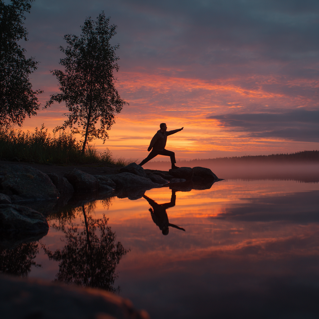 Чоловік 58 років виконує позу воїна на березі озера на світанку, його силует відбивається у воді
