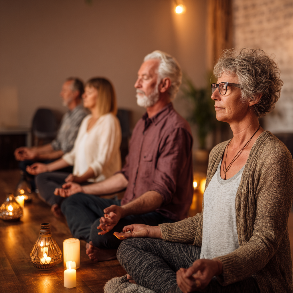 Група людей 50-60 років сидить у медитативній позі в затишній студії з м'яким освітленням та ароматними свічками